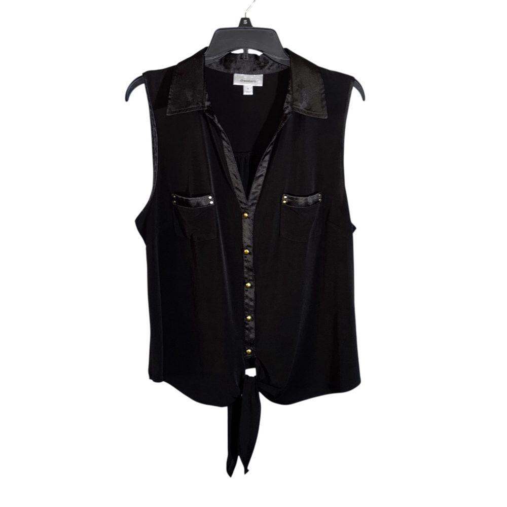 Dressbarn Black Satin Trim Sleeveless Button-Down Blouse Tie Front XL